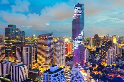Le centre de Bangkok de nuit, maillé par les lignes du Skytrain