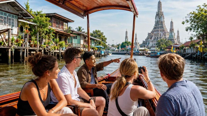 Bateau à longue queue sur le Chao Phraya devant le Wat Arun, non loin de Song Wat